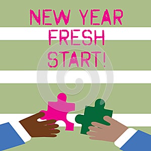 Word writing text New Year Fresh Start. Business concept for Time to follow resolutions reach out dream job Two Hands