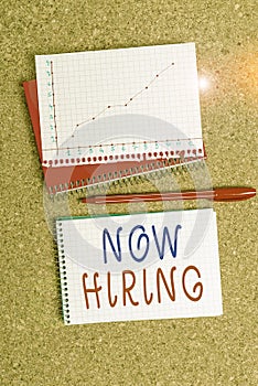 Word writing text Now Hiring. Business concept for Workforce Wanted Employees Recruitment Today Job Opportunity Desk