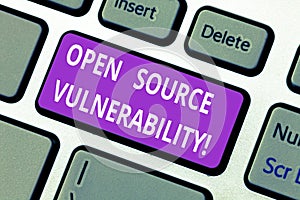Word writing text Open Source Vulnerability. Business concept for Publicized Exploits are open to malicious users