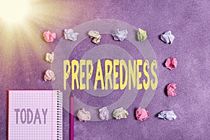 Word writing text Preparedness. Business concept for quality or state of being prepared in case of unexpected events