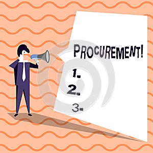 Word writing text Procurement. Business concept for Procuring Purchase of equipment and supplies Businessman Shouting on