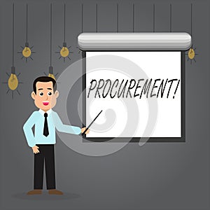 Word writing text Procurement. Business concept for Procuring Purchase of equipment and supplies Man in Necktie Talking