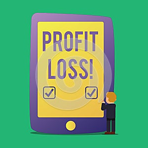 Word writing text Profit Loss. Business concept for Financial year end account contains total revenues and expenses.