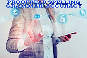 Word writing text Proofread Spelling Grammar Accuracy. Business concept for Grammatically correct Avoid mistakes Female