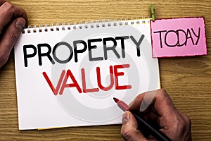 Word writing text Property Value. Business concept for Estimate of Worth Real Estate Residential Valuation written by Man on Noteb