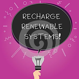 Word writing text Recharge Renewable Systems. Business concept for Clean and sustainable energy and nonpolluting Blank photo