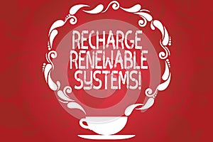 Word writing text Recharge Renewable Systems. Business concept for Clean and sustainable energy and nonpolluting Cup and photo