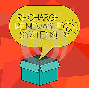 Word writing text Recharge Renewable Systems. Business concept for Clean and sustainable energy and nonpolluting Idea photo