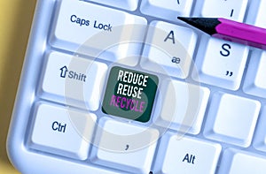 Word writing text Reduce Reuse Recycle. Business concept for environmentallyresponsible consumer behavior White pc keyboard with