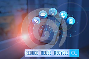 Word writing text Reduce Reuse Recycle. Business concept for ways can eliminate waste protect your environment.