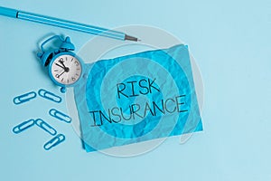 Word writing text Risk Insurance. Business concept for The possibility of Loss Damage against the liability coverage