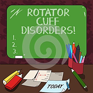 Word writing text Rotator Cuff Disorders. Business concept for tissues in the shoulder get irritated or damaged Mounted