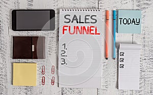 Word writing text Sales Funnel. Business concept for process through which a company ells its products to buyers Smartphone wallet