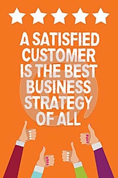 Word writing text A Satisfied Customer Is The Best Business Strategy Of All. Business concept for Good Service Men women hands thu