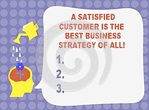 Word writing text A Satisfied Customer Is The Best Business Strategy Of All. Business concept for Good Service Water