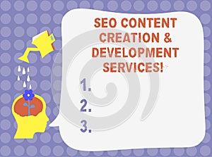 Word writing text Seo Content Creation And Development Services. Business concept for Search engine optimization Water