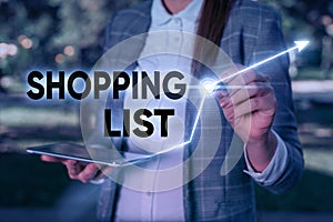 Word writing text Shopping List. Business concept for Discipline approach to shopping Basic Items to Buy.