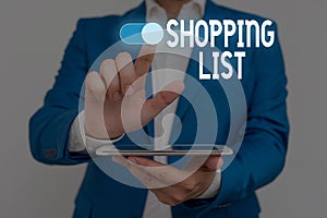 Word writing text Shopping List. Business concept for Discipline approach to shopping Basic Items to Buy Male human wear