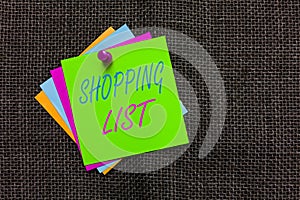 Word writing text Shopping List. Business concept for Discipline approach to shopping Basic Items to Buy Paper notes Important rem