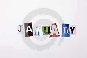 A word writing text showing concept of JANUARY made of different magazine newspaper letter for Business case on the white backgrou