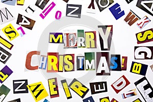 A word writing text showing concept of Merry Christmas made of different magazine newspaper letter for Business case on the white