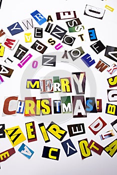 A word writing text showing concept of Merry Christmas made of different magazine newspaper letter for Business case on the white