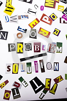 A word writing text showing concept of Problem Solution made of different magazine newspaper letter for Business case on the white