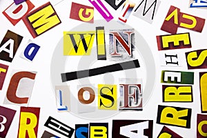 A word writing text showing concept of Win Lose made of different magazine newspaper letter for Business case on the white backgro