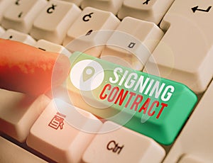 Word writing text Signing Contract. Business concept for the parties signing the document agree to the terms