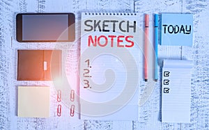 Word writing text Sketch Notes. Business concept for visual notetaking Combination of notetaking and doodling Smartphone wallet photo