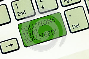 Word writing text Solutions That You Need. Business concept for Advices help support assistance coaching needed Keyboard