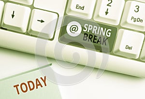 Word writing text Spring Break. Business concept for Vacation period at school and universities during spring White pc