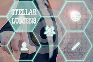 Word writing text Stellar Lumens. Business concept for cryptocurrency platform that uses on remittance and payments