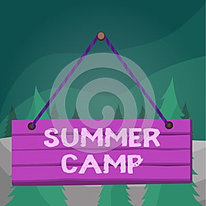 Word writing text Summer Camp. Business concept for supervised program for children conducted during the summer Wood plank nail