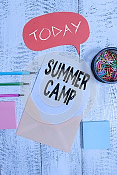 Word writing text Summer Camp. Business concept for Supervised program for kids and teenagers during summertime. Envelop
