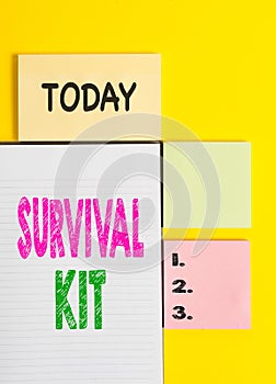 Word writing text Survival Kit. Business concept for Emergency Equipment Collection of items to help someone Colored