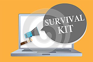 Word writing text Survival Kit. Business concept for Emergency Equipment Collection of items to help someone Man holding megaphone