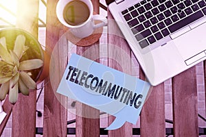 Word writing text Telecommuting. Business concept for work at home using an electronic linkup with central office Paper