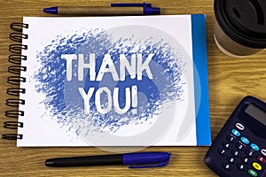 Word writing text Thank You Motivational Call. Business concept for Appreciation greeting Acknowledgment Gratitude written on Note photo