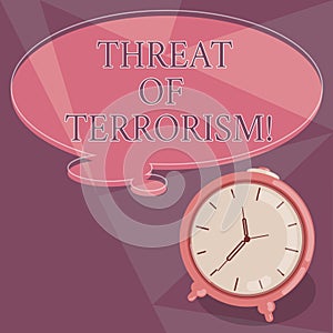 Word writing text Threat Of Terrorism. Business concept for unlawful use violence and intimidation against civilians