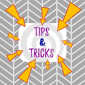 Word writing text Tips And Tricks. Business concept for Steps Lifehacks Handy advice Recommendations Skills Asymmetrical photo