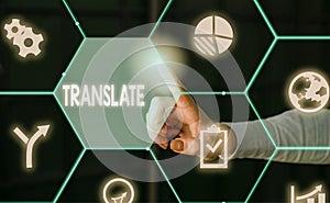 Word writing text Translate. Business concept for Another word with same equivalent meaning of a target language Male photo