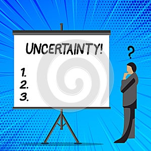 Word writing text Uncertainty. Business concept for Unpredictability of certain situations events behavior Businessman