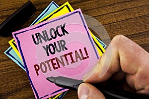 Word writing text Unlock Your Potential Motivational Call. Business concept for Reveal talent Sow Skills Abilities written by Man