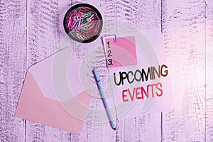 Word writing text Upcoming Events. Business concept for thing that will happens or takes place soon planned occasion Envelope