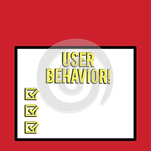 Word writing text User Behavior. Business concept for focuses on user activity as opposed to static threat indicator Big