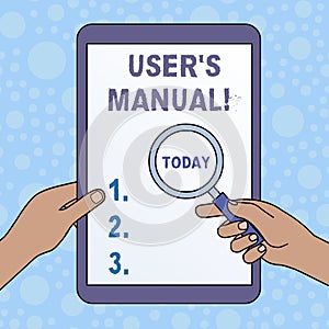Word writing text User S Is Manual. Business concept for Contains all essential information of the product Hands Holding