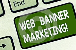 Word writing text Web Banner Marketing. Business concept for entails to embed an advertisement in a web page Keyboard