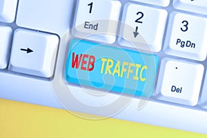 Word writing text Web Traffic. Business concept for Amount of data sent and received by visitors to a website White pc