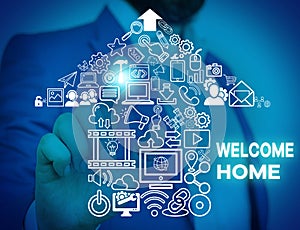Word writing text Welcome Home. Business concept for Expression Greetings New Owners Domicile Doormat Entry Male human